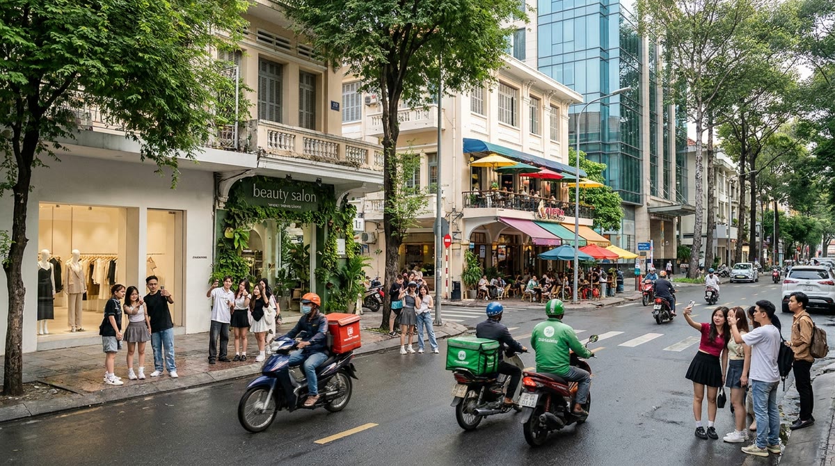 Phố thương mại nhộn nhịp với khách trẻ tụ tập quanh quán cà phê, shop thời trang và tiệm làm đẹp