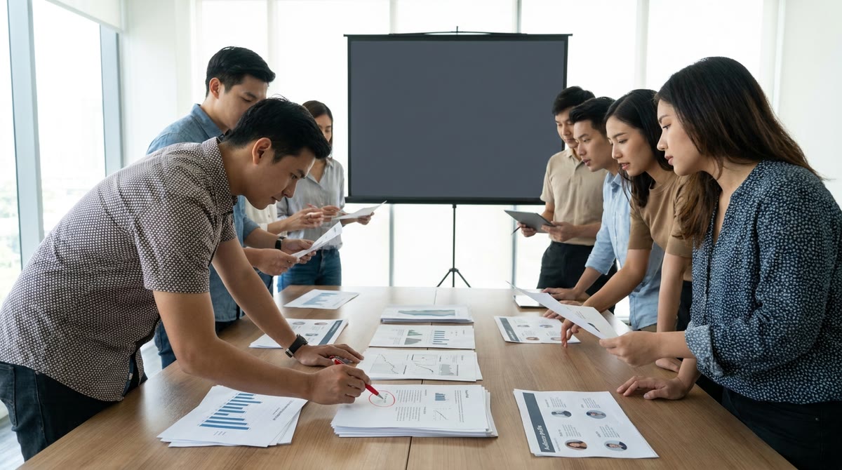 Nhân viên marketing soát bản in, tệp khách hàng và báo cáo trên bàn học