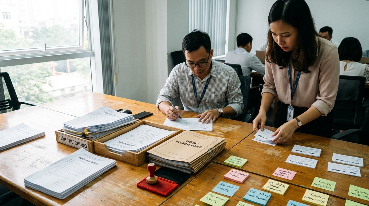 Phòng họp doanh nghiệp Việt với hồ sơ in sẵn và quy trình duyệt thủ công