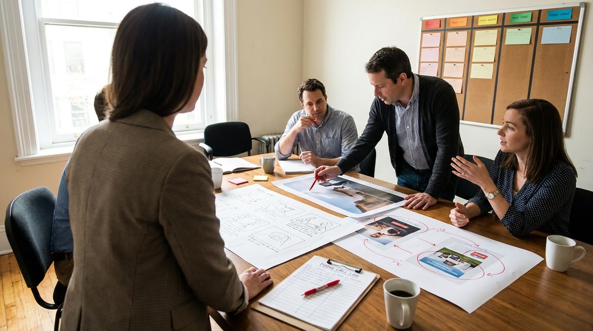 Nhóm marketer xem mockup giấy và bảng quy trình trong phòng duyệt chiến dịch