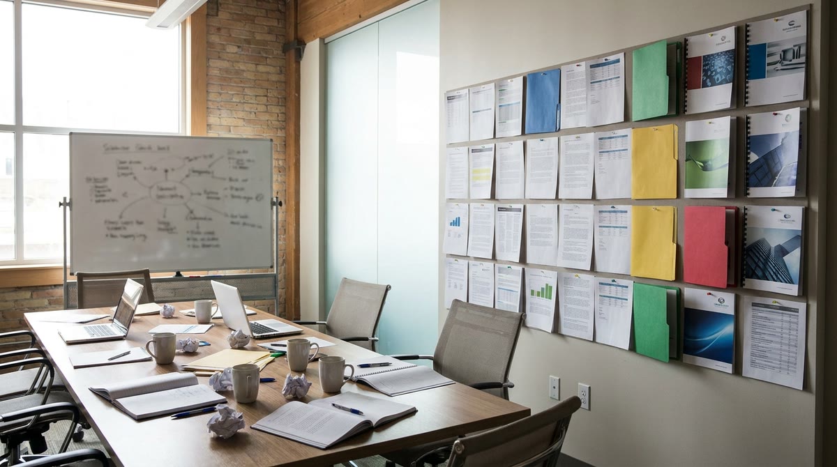 Phòng họp có bảng hồ sơ doanh nghiệp mục tiêu và các folder tài khoản được đánh dấu màu