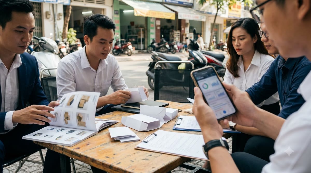 A Vietnamese marketing team reviewing content samples and printed materials in an urban café