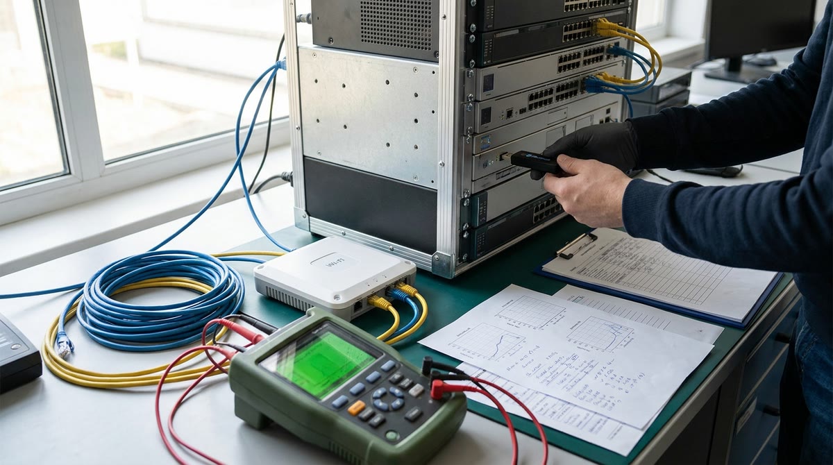 Kỹ thuật viên kiểm tra bộ thiết bị mạng, dây cáp và bộ phát tín hiệu trong phòng lab