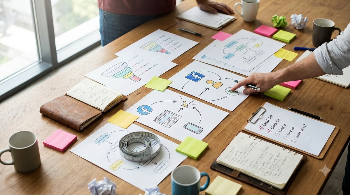 A strategic desk with measurement diagrams and conversion flows
