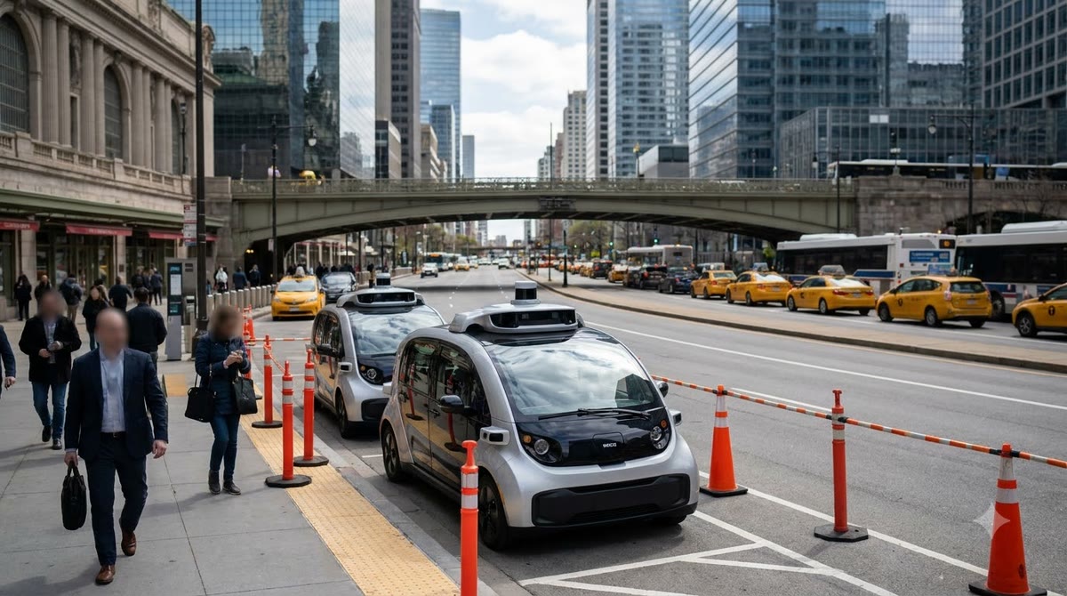 Two robotaxis parked at the curb within a narrow city operating area