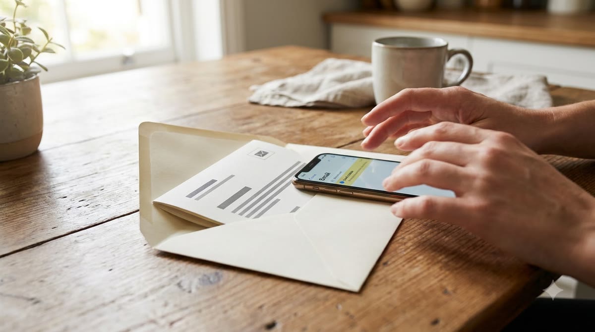 Phong bì xác nhận và điện thoại đặt trên bàn bếp, người dùng chuẩn bị kiểm tra email