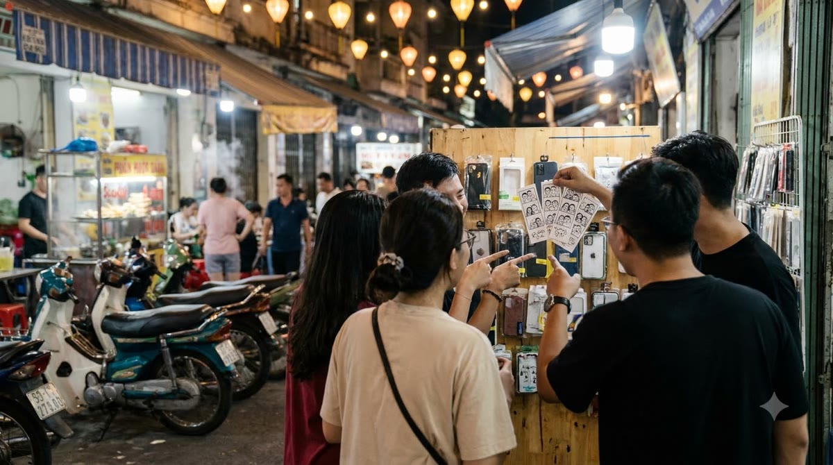A group of Vietnamese people looking at freshly printed photos at a night market, surrounded by motorbikes and stalls