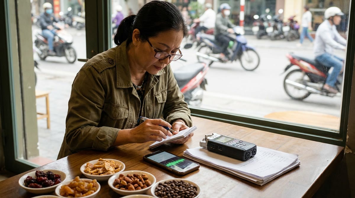 A Vietnamese business owner checking product samples, recording equipment, and consent forms