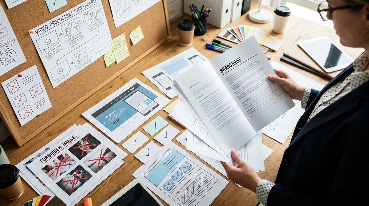 Đội marketing xem brief in giấy cạnh website, storyboard và quy tắc hình ảnh bị cấm