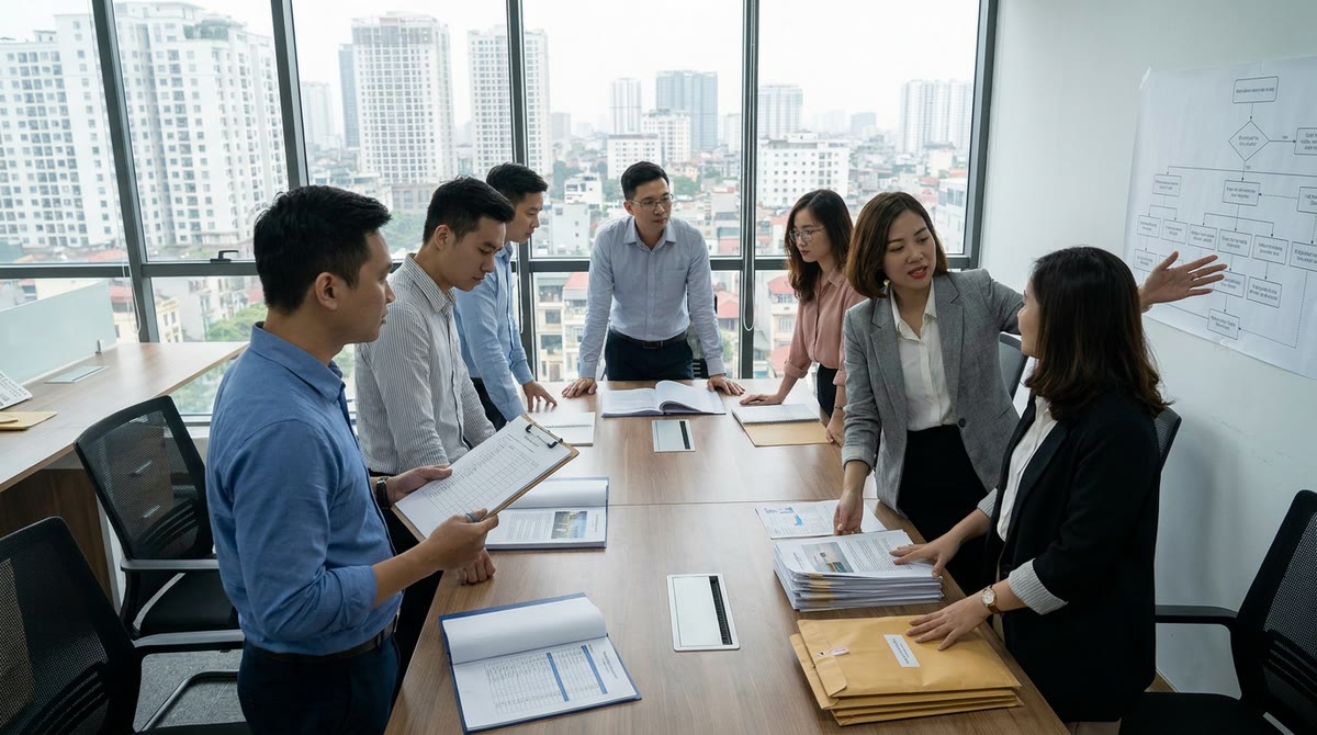 Đội ngũ marketing Việt xem báo cáo in trong phòng họp