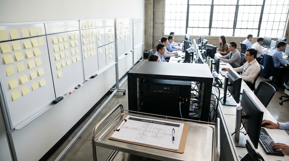 Vietnamese enterprise operations center with backup power cabinets and a printed recovery diagram