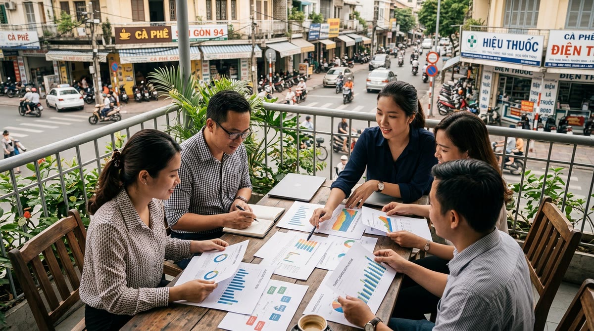 Nhóm marketing ở quán cà phê ngoài trời xem bảng số liệu in giấy giữa phố