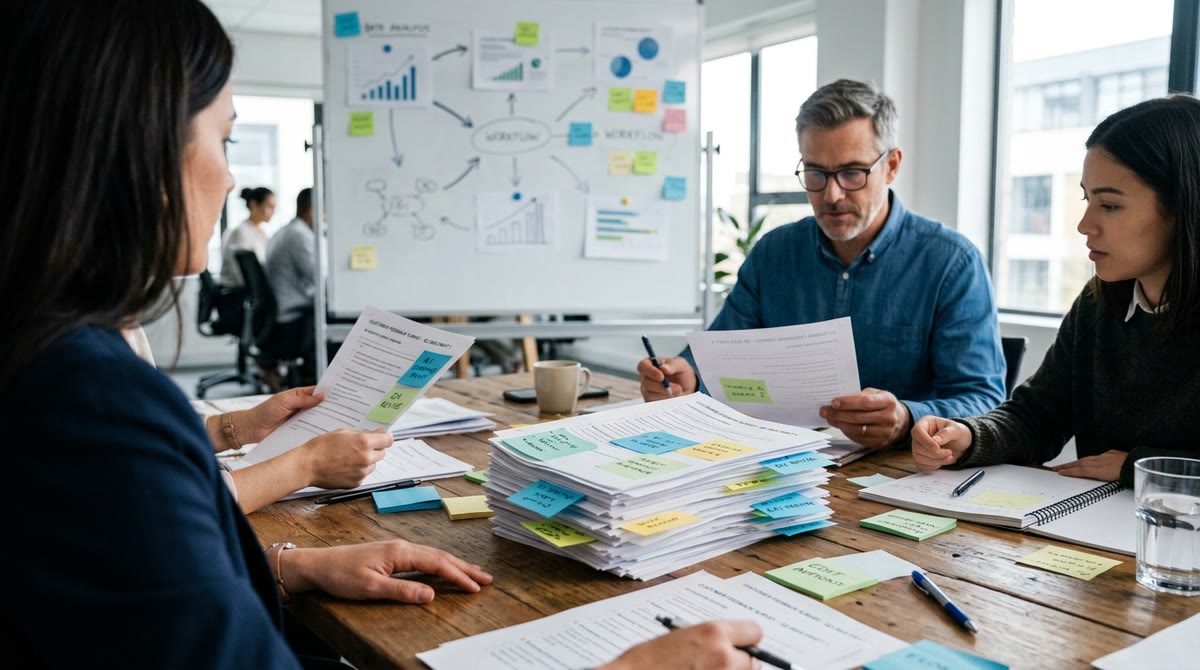 Nhóm marketing xem bản nháp khảo sát in giấy trong phòng họp