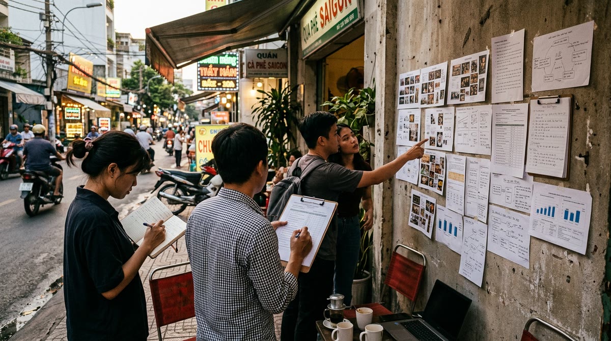 Đội marketing nhỏ đứng ngoài quán cà phê với bảng ý tưởng và biểu mẫu giấy