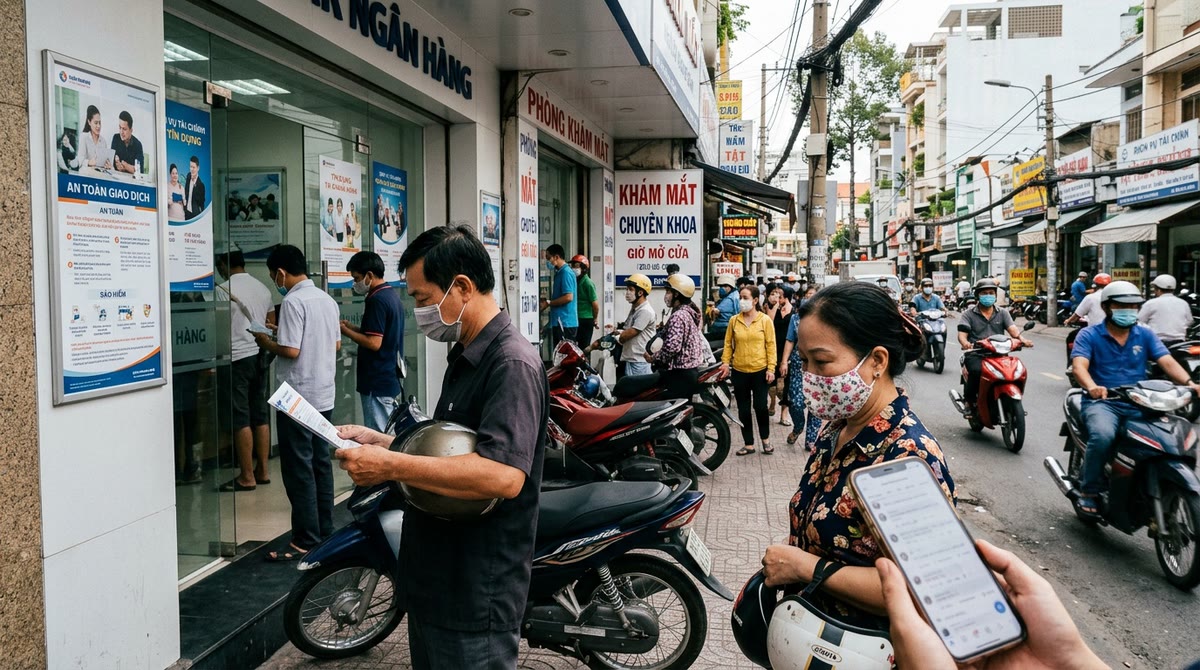 Khung cảnh phố Việt Nam trước ngân hàng và phòng khám, người đi đường dừng nhìn điện thoại