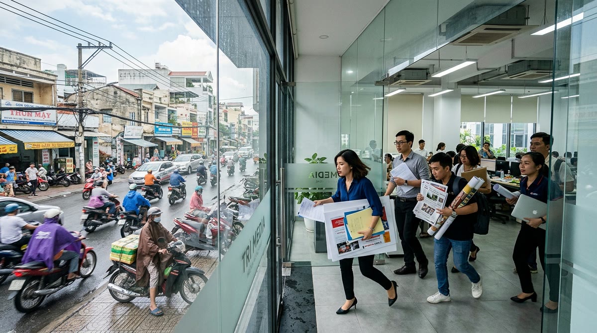 Nhóm marketing bước vào tòa nhà agency giữa phố đông, ôm theo bản in và tài liệu quảng cáo