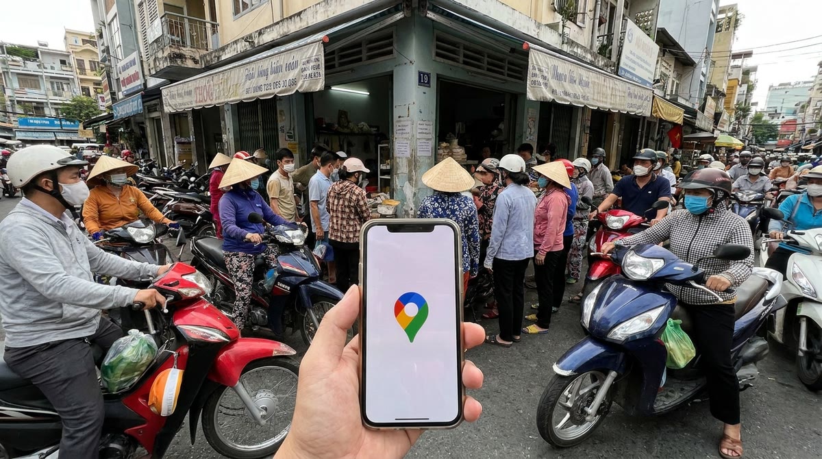 Phố cửa hàng đông xe máy ở Việt Nam, người cầm điện thoại xem bản đồ