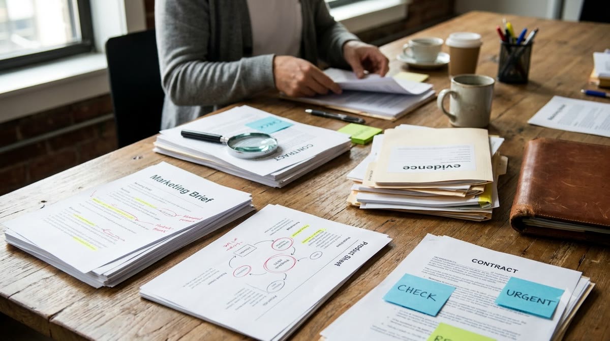 Bàn làm việc phủ giấy brief, tài liệu đối chiếu và các tờ hợp đồng được rà soát