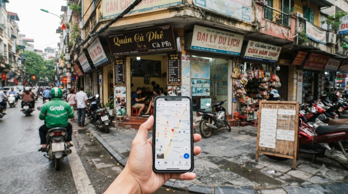 Góc phố Việt Nam với quán ăn, cửa hàng và điện thoại bản đồ