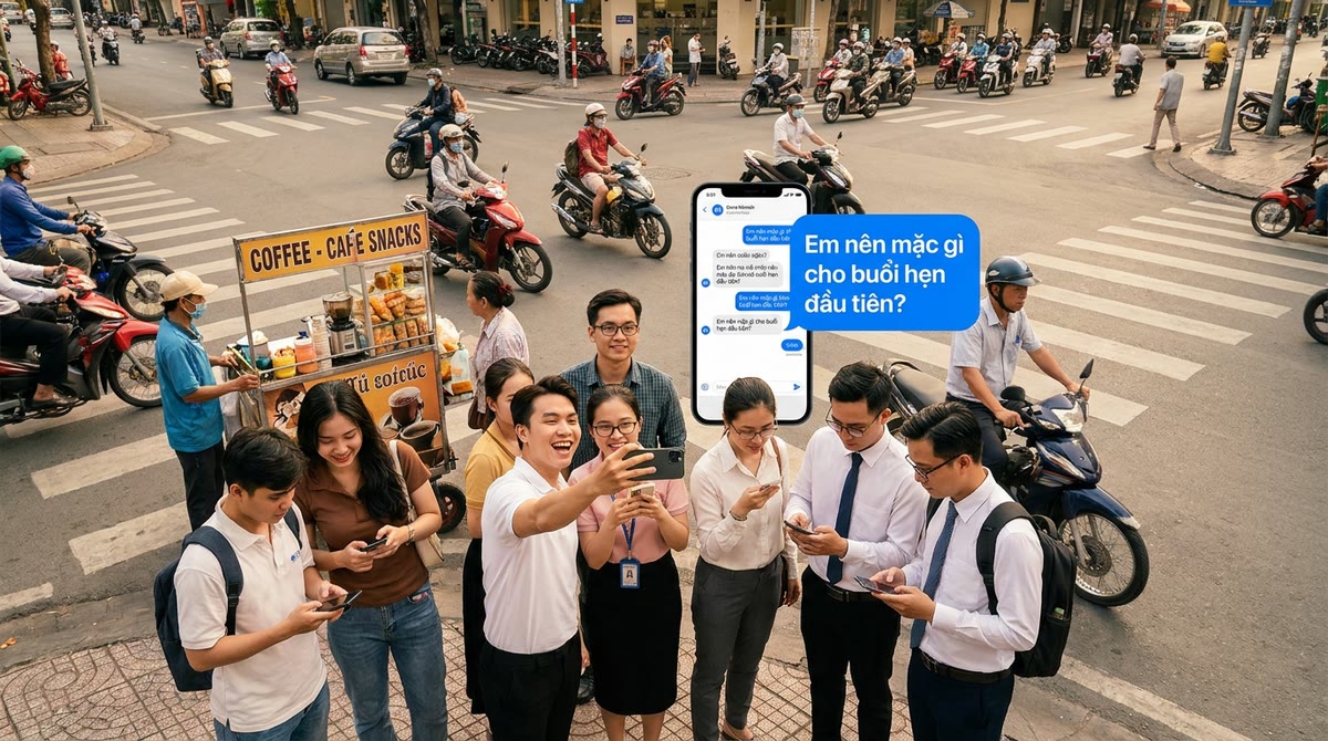 Nhóm người trẻ ở phố Việt Nam nhìn điện thoại giữa dòng xe và quầy cà phê