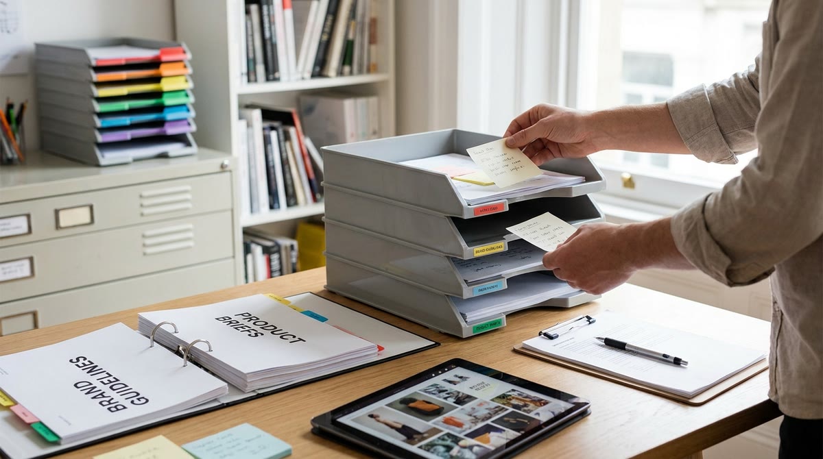 Bàn rà soát nội dung với giấy tờ thương hiệu, hồ sơ brief và tablet đặt cạnh nhau