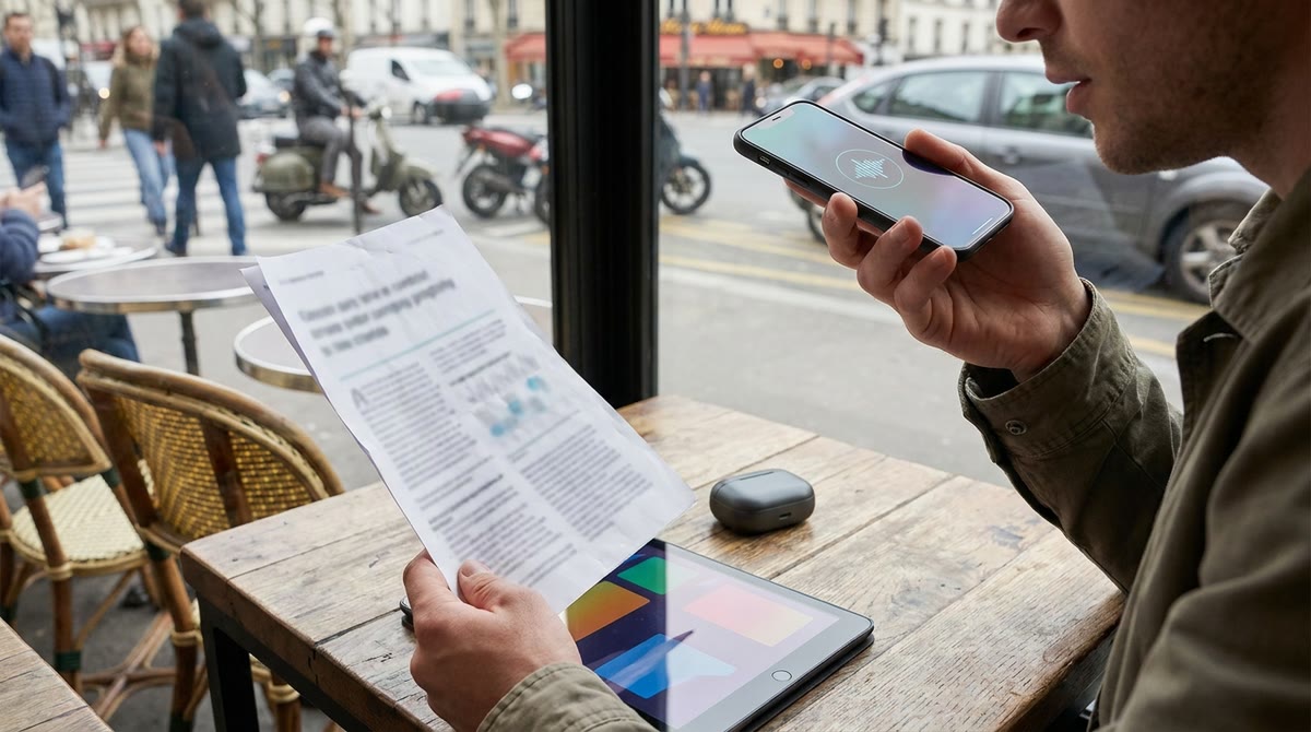 Người dùng cầm điện thoại, bản brief in giấy và tablet trong quán cà phê đông người