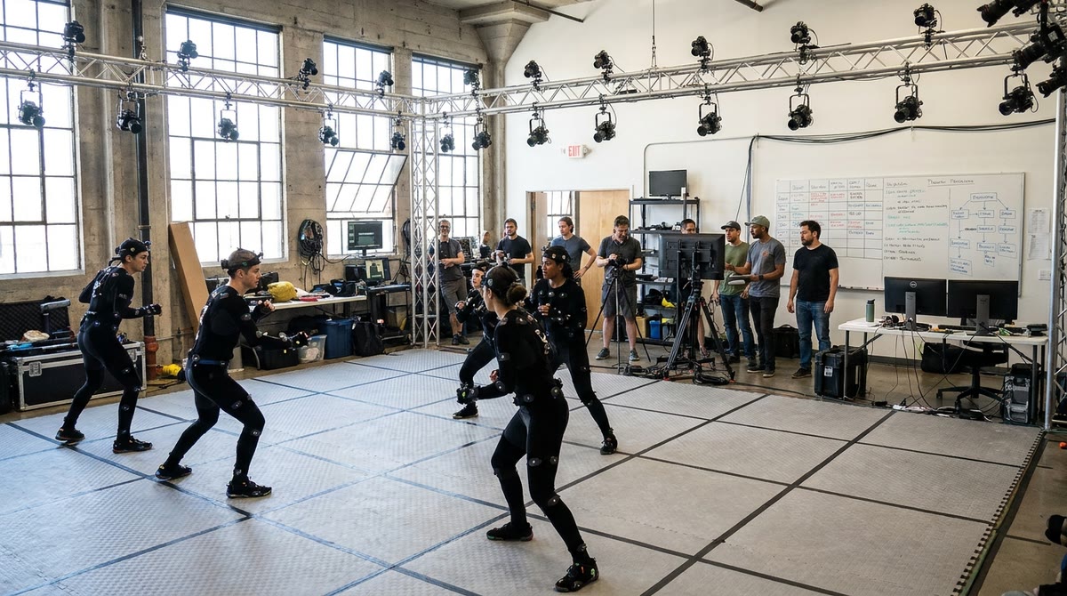 Diễn viên motion capture và kỹ thuật viên làm việc trong một trường quay lớn