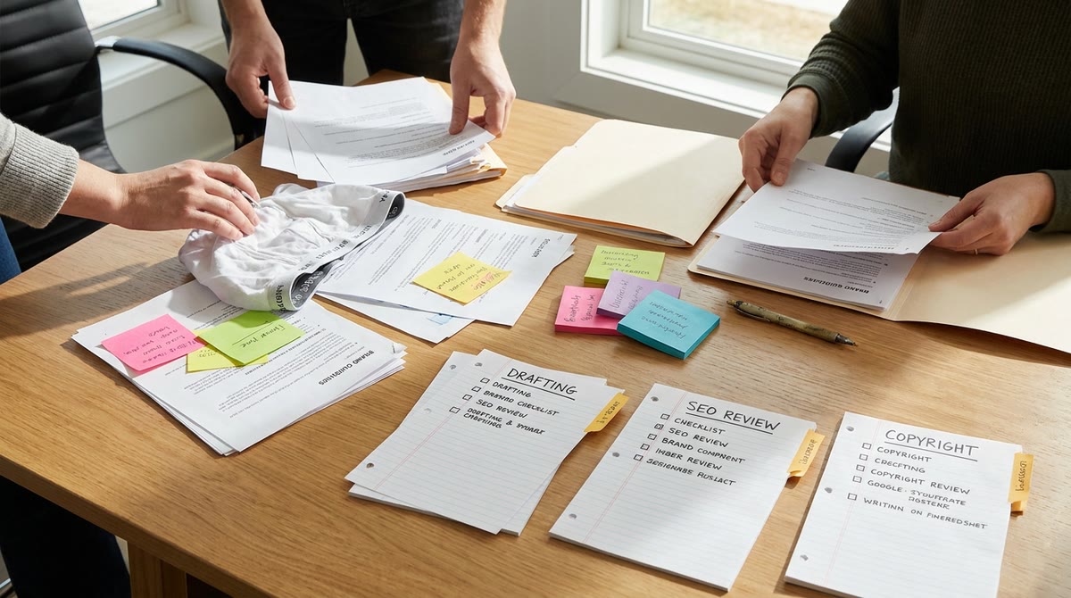 Bàn làm việc phủ đầy brief in, checklist thương hiệu và tập tài liệu phân loại theo từng đầu ra