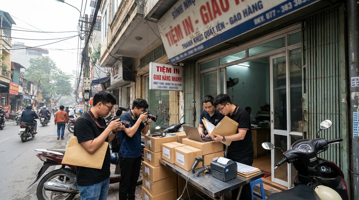 Nhóm làm nội dung đứng trước cửa hàng in và điểm giao hàng ở Hà Nội