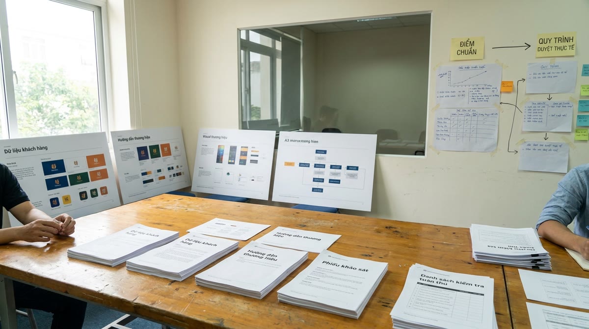 Tài liệu tiếng Việt, checklist pháp lý và bảng guideline thương hiệu trên bàn duyệt