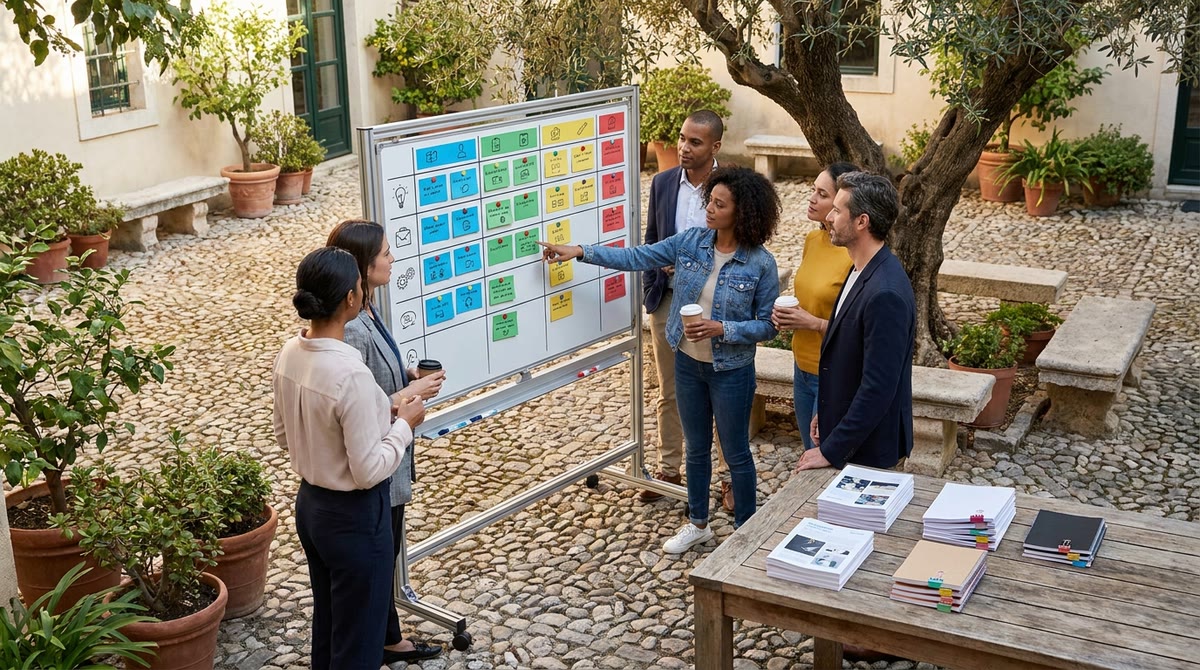 Nhóm marketing xem bảng quy trình in lớn, phân luồng nội dung theo mục tiêu và kênh