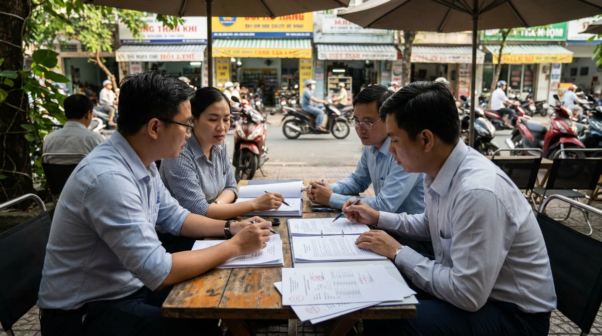 Nhóm làm việc ngoài trời với tài liệu tiếng Việt, bảng giá và giấy duyệt thương hiệu