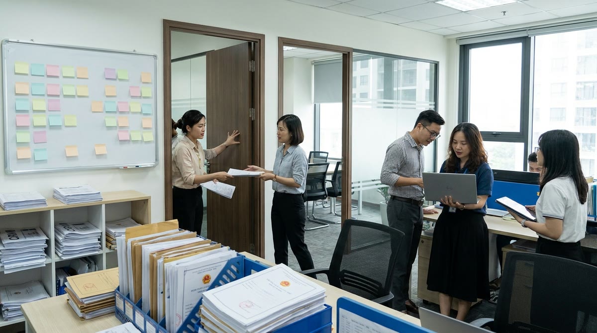 Nhân sự marketing tại Việt Nam chuyền hồ sơ duyệt giữa các phòng họp và tài liệu in
