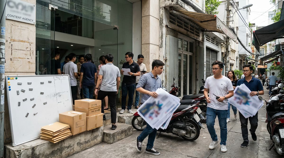 Đội ngũ mang giấy tờ và vật dụng giữa văn phòng agency ở TP HCM