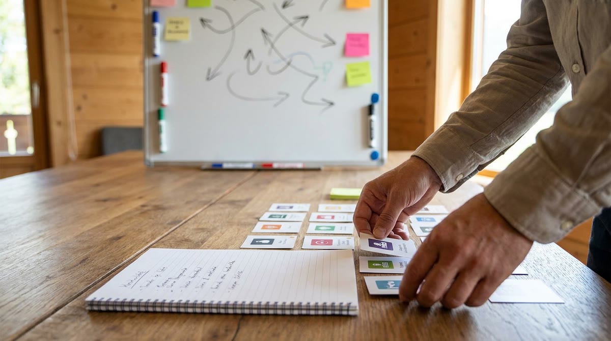 Nhóm marketing rà soát sơ đồ quy trình, thẻ việc và giấy ghi chú trên bàn họp