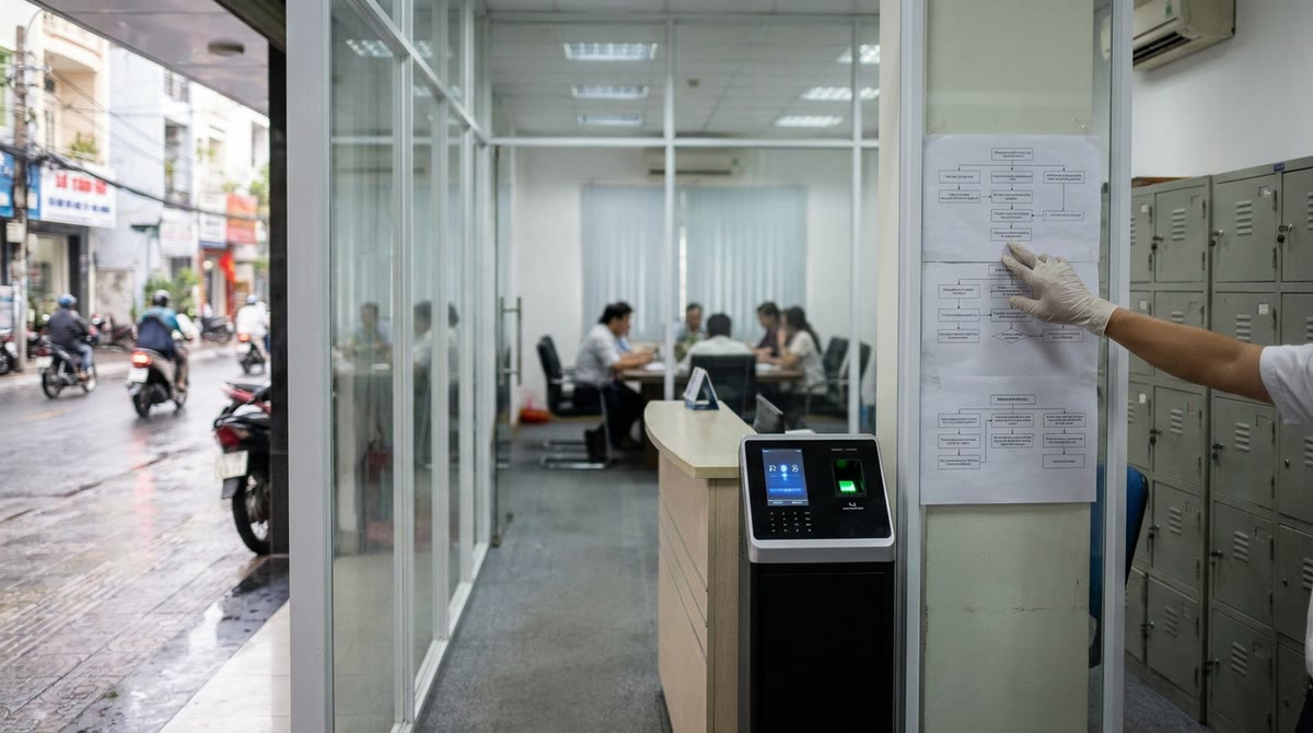 Người quản lý chỉ vào sơ đồ quy trình tại khu làm việc doanh nghiệp Việt