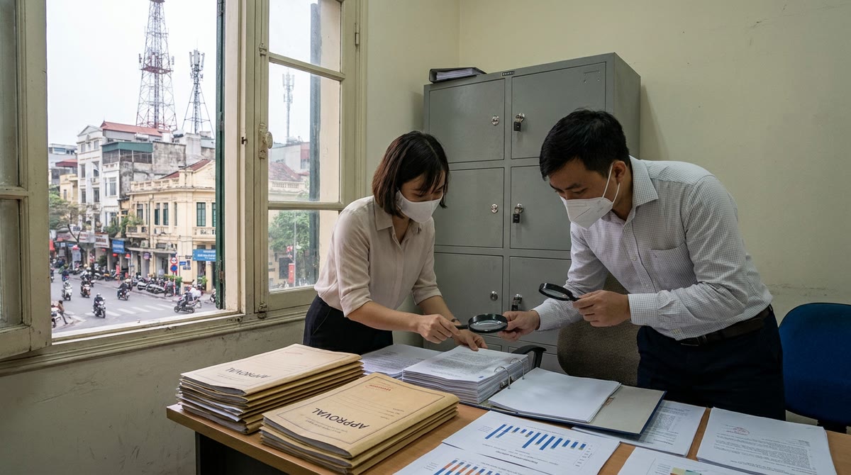 Nhóm marketing xem báo cáo in giấy trong phòng làm việc nhỏ, bên ngoài là phố và tháp viễn thông
