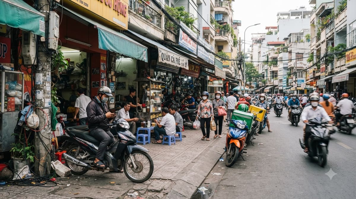 Phố Việt Nam đông đúc, người đi xe máy tra cứu điện thoại trước cửa hàng