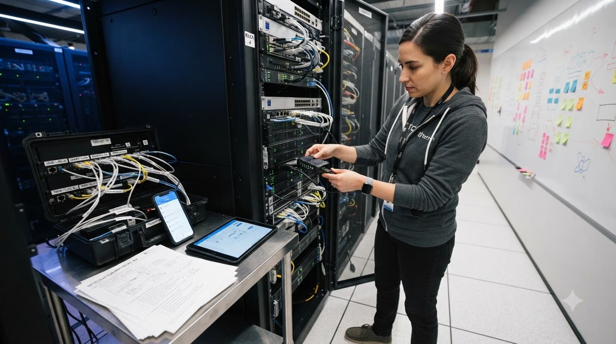Quản lý vận hành cắm thiết bị vào rack máy chủ, kiểm tra quy trình và công cụ nội bộ