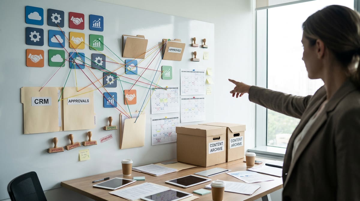 Bảng tích hợp ứng dụng nối CRM, lịch duyệt và kho nội dung bằng các nút từ tính