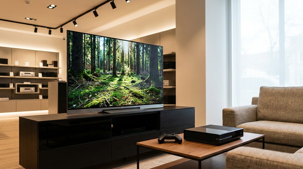 Mẫu console trên kệ trưng bày phát hình ảnh sắc nét trong phòng showroom sáng