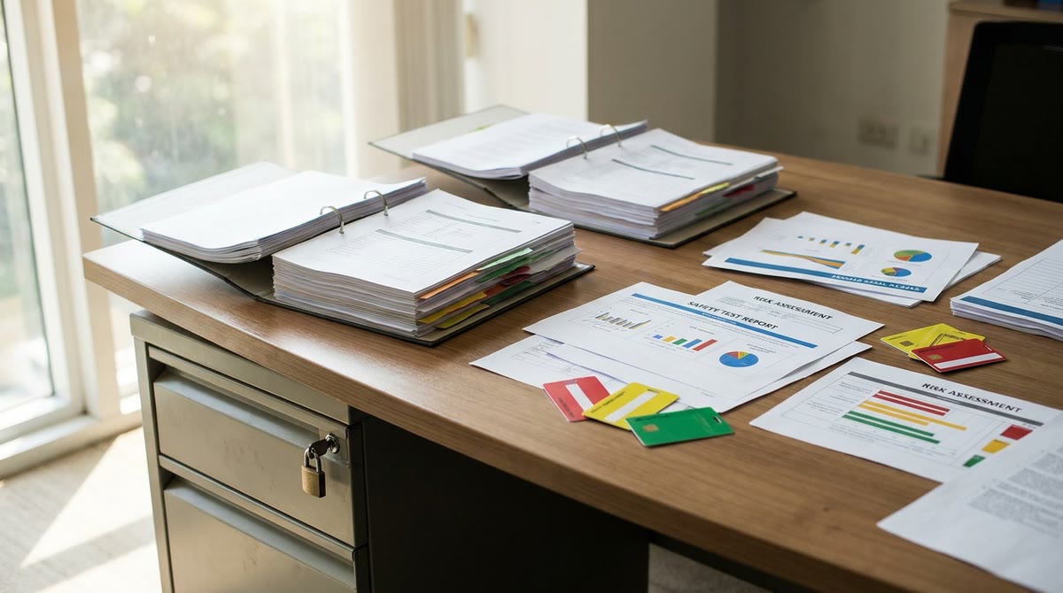 Bảng rà soát rủi ro, tủ khóa và các thẻ truy cập đặt cạnh hồ sơ in ra