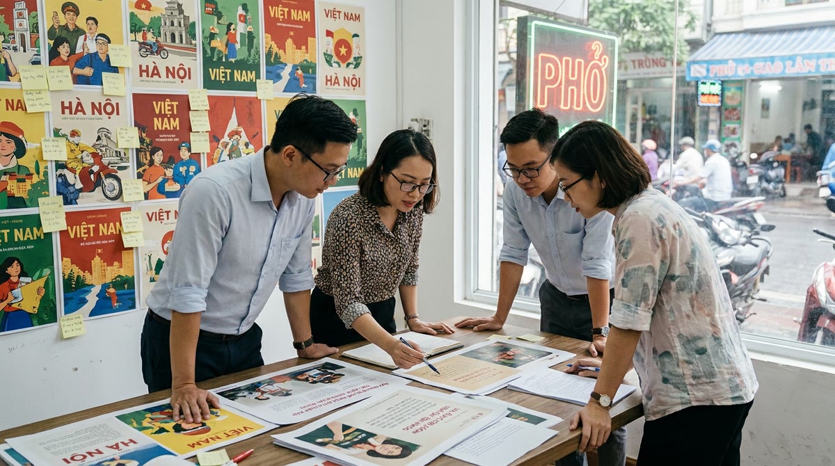Nhóm marketing Việt Nam chỉnh sửa bản dịch quảng cáo trên giấy trong phòng họp