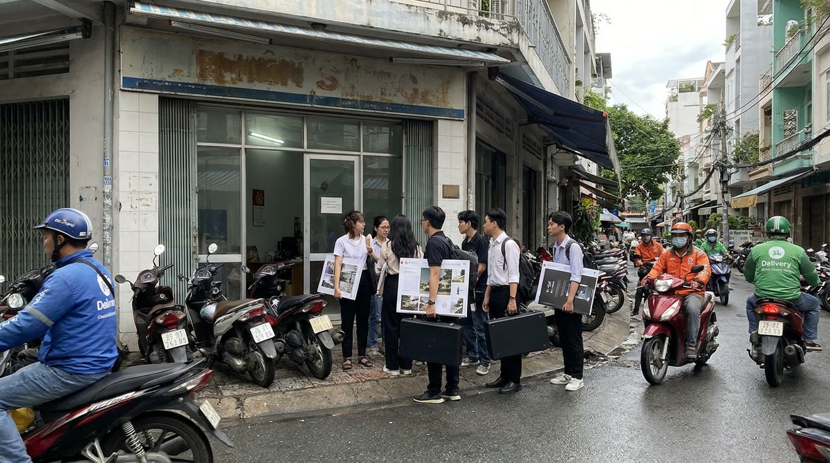 Nhóm làm marketing mang đạo cụ và bảng in vào văn phòng nhỏ ở Sài Gòn