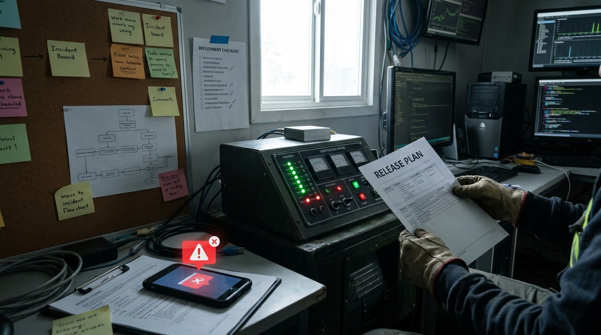 Kỹ thuật viên kiểm tra triển khai website bằng checklist giấy và cảnh báo điện thoại