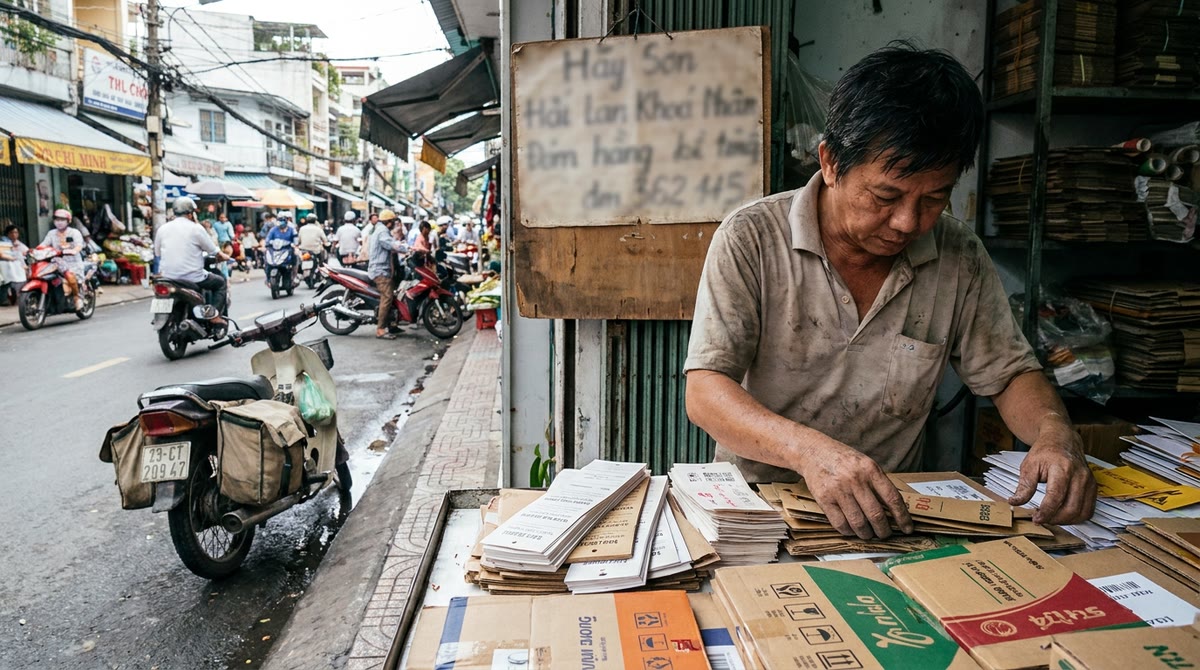 Chủ cửa hàng ở Việt Nam đối chiếu nhãn sản phẩm và giấy tờ tại quầy