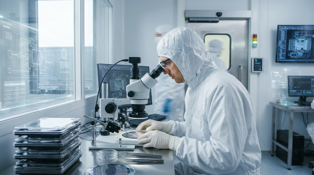 Kỹ thuật viên trong phòng sạch nghiên cứu wafer silicon giữa các thiết bị đo chính xác