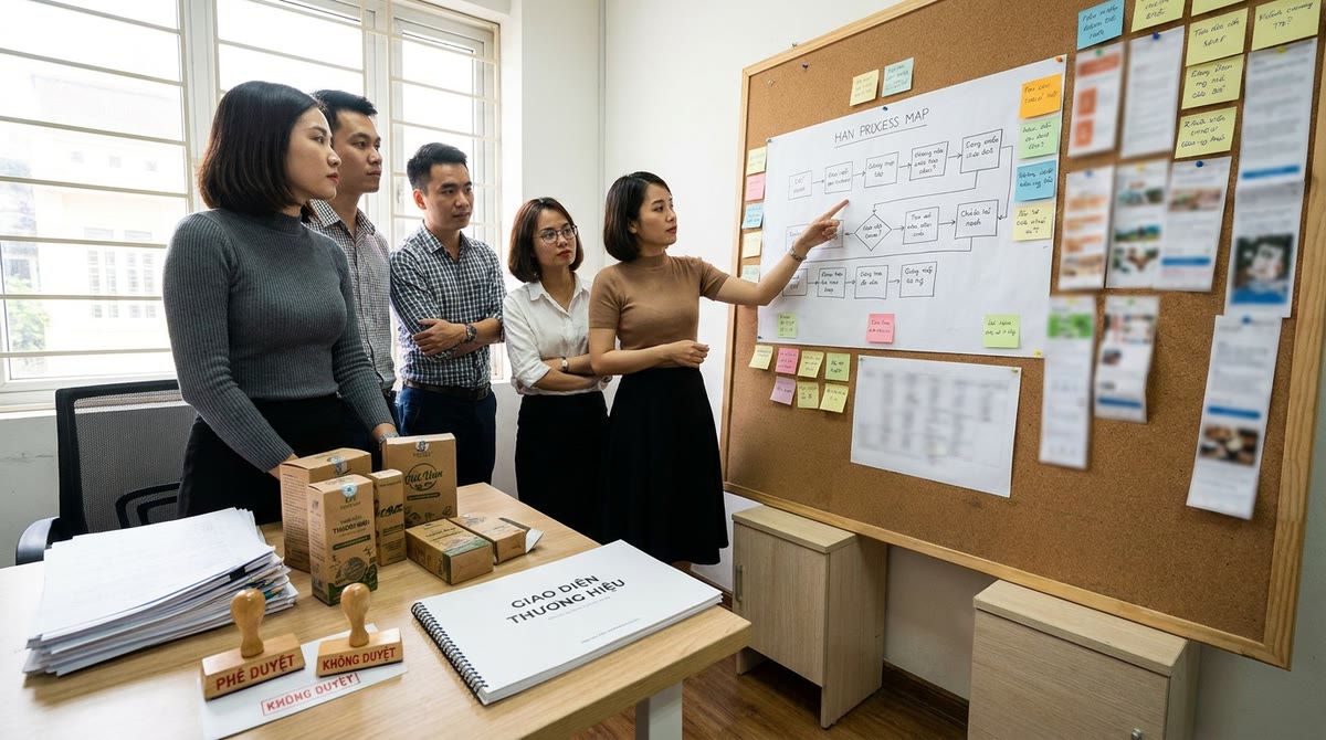 Nhóm marketing Việt Nam xem sơ đồ quy trình, ghi chú và mẫu thương hiệu