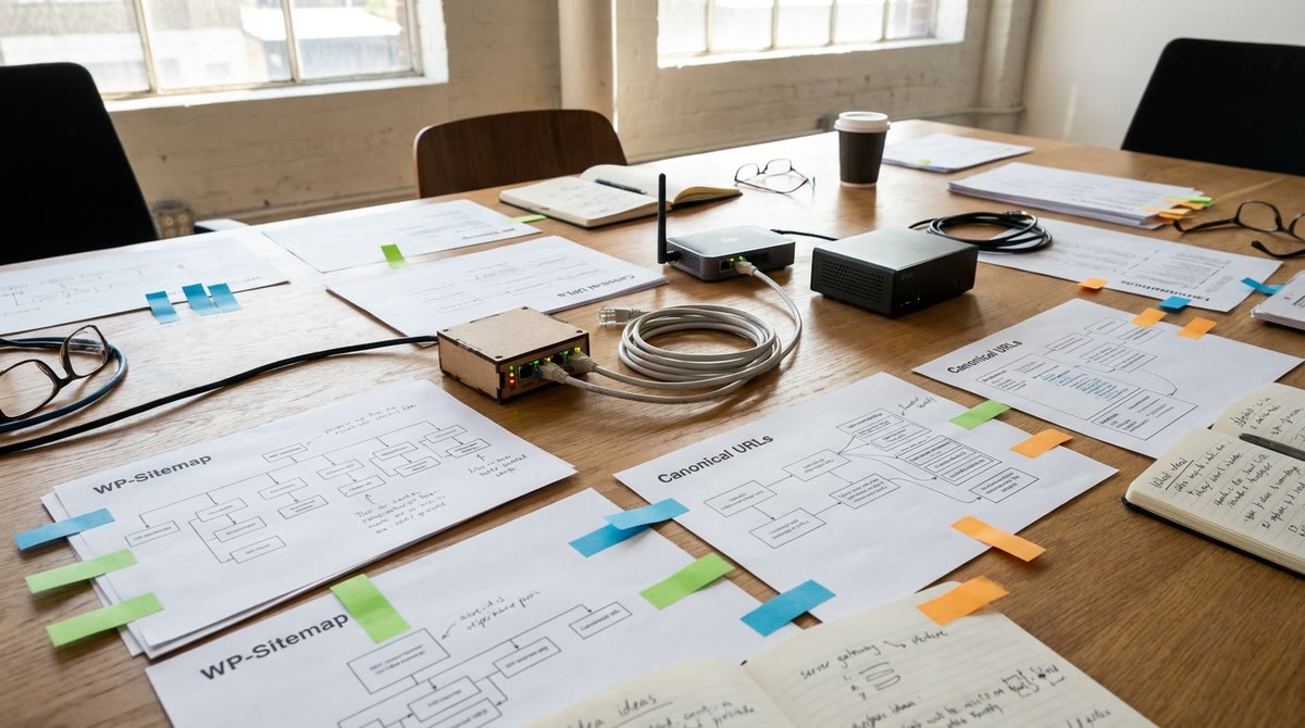 Bản vẽ sitemap, đường canonical và thiết bị kết nối dữ liệu trên bàn họp