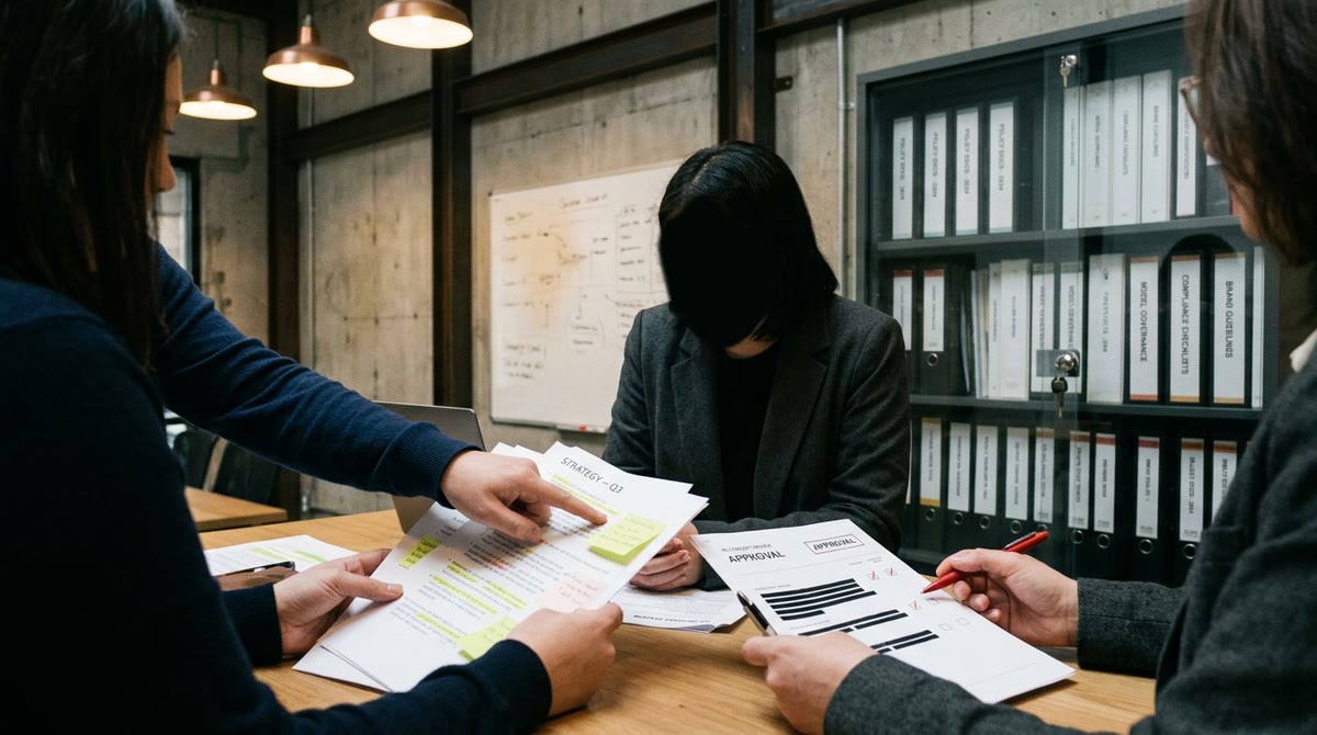 Nhóm marketing rà soát giấy tờ kiểm duyệt trong phòng họp tối ánh sáng
